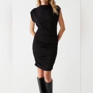 NEW! Michael Stars Gia Ribbed Black Sleevelesd Mock Neck Ruched Mini Dress